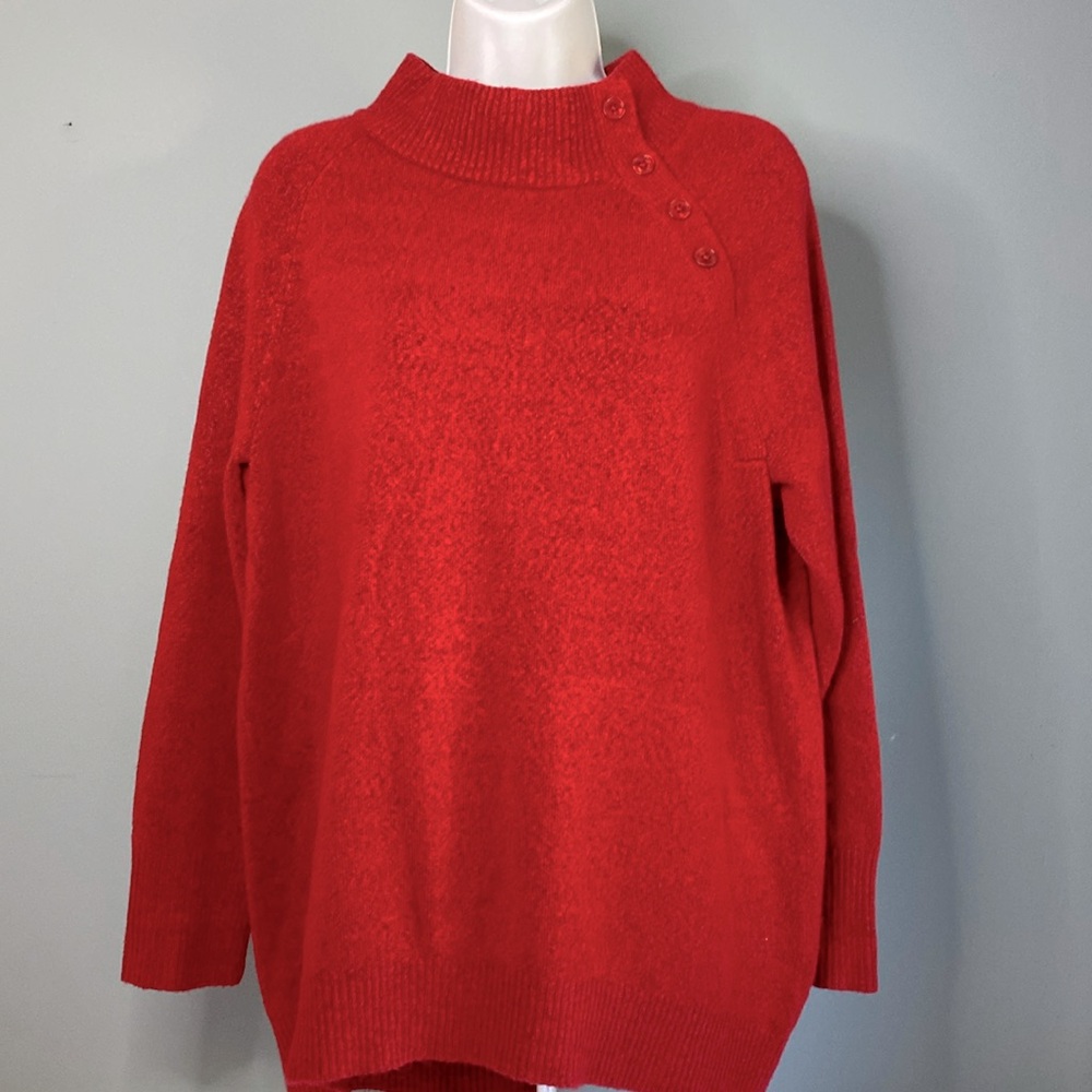 Talbots Mock Neck Knit Sweater Red Button Detail Long Sleeve L